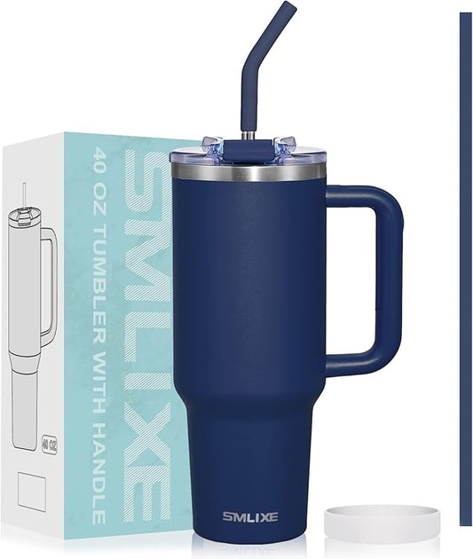 40 oz Tumbler with Handle and Straw Lid,Insulated Reusable Stainless Steel Water Bottle Travel Mug，Cupholder Friendly Double Wall Vacuum Sealed Cup (Navy)