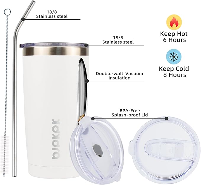 BJPKPK White Stainless Steel Tumbler With Lid And Straw 20 oz Insulated Tumblers Thermal Cup For Hot And Cold Drinks