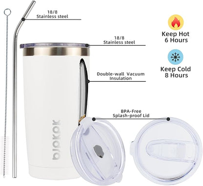 BJPKPK White Stainless Steel Tumbler With Lid And Straw 20 oz Insulated Tumblers Thermal Cup For Hot And Cold Drinks