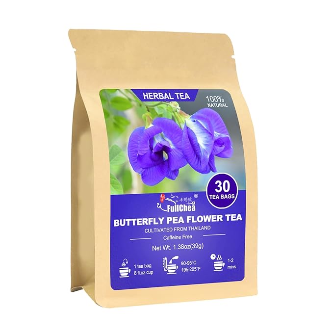 FullChea - Butterfly Pea Flower Tea Bags, 30 Teabags, 1.3g/bag - Premium Dried Butterfly Pea, Cultivated From Thailand - Non-GMO - Caffeine-free - Rich In Antioxidants & Support Eye Health