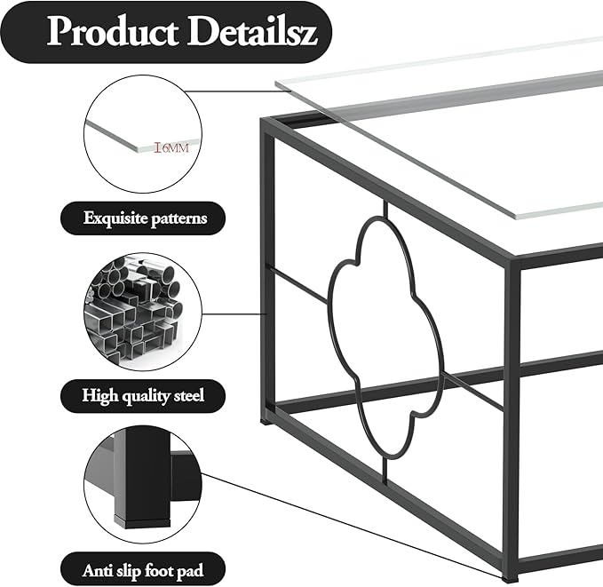 Black Coffee Table Modern Center Table,Glass Square Minimalist Coffee Table Tea Table for Living Room,Tempered Glass-top with Sturdy Metal Frame, Easy Assembly,26.4 x 26.4 x 15.7 Inches