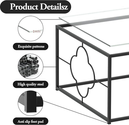 Black Coffee Table Modern Center Table,Glass Square Minimalist Coffee Table Tea Table for Living Room,Tempered Glass-top with Sturdy Metal Frame, Easy Assembly,26.4 x 26.4 x 15.7 Inches