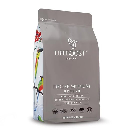 Lifeboost Medium Roast Swiss Water Decaf Coffee Ground - Non-GMO Low Acid Single Origin USDA Decaf Organic Coffee - Third Party Tested For Mycotoxins & Pesticides - 12 Ounces