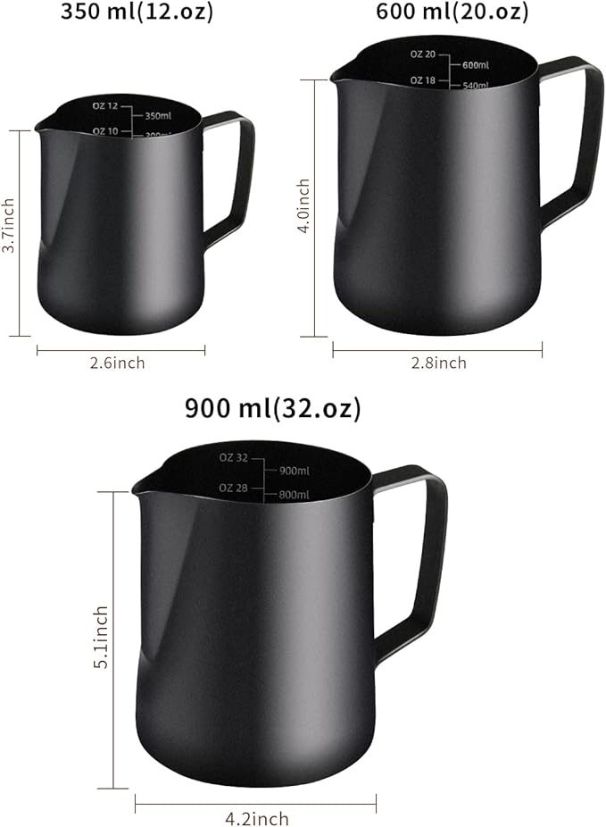 Milk Frothing Pitcher, 12OZ/350ML Stainless Steel Espresso Steaming Pitcher Coffee Milk Frother Cup with Decorating Art Pen for Espresso Machine, Milk Frother, Latte Art Black