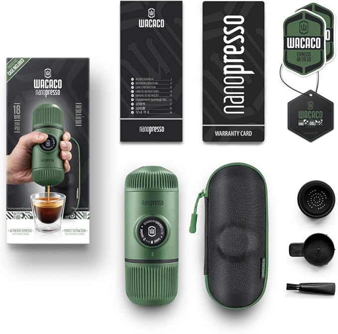 WACACO Nanopresso Portable Espresso Maker Bundled with Protective Case, Upgrade Version of Minipresso, Mini Travel Coffee Machine, Perfect for Camping, Travel and Office (Elements Moss Green)