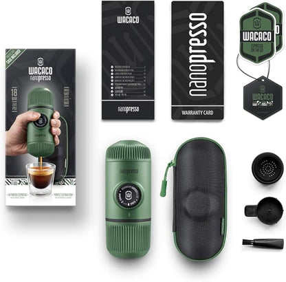 WACACO Nanopresso Portable Espresso Maker Bundled with Protective Case, Upgrade Version of Minipresso, Mini Travel Coffee Machine, Perfect for Camping, Travel and Office (Elements Moss Green)