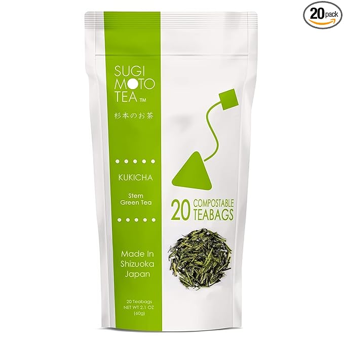 SUGIMOTO TEA Japanese Kukicha Stem Green Tea Bags 20 Count Pack of 1