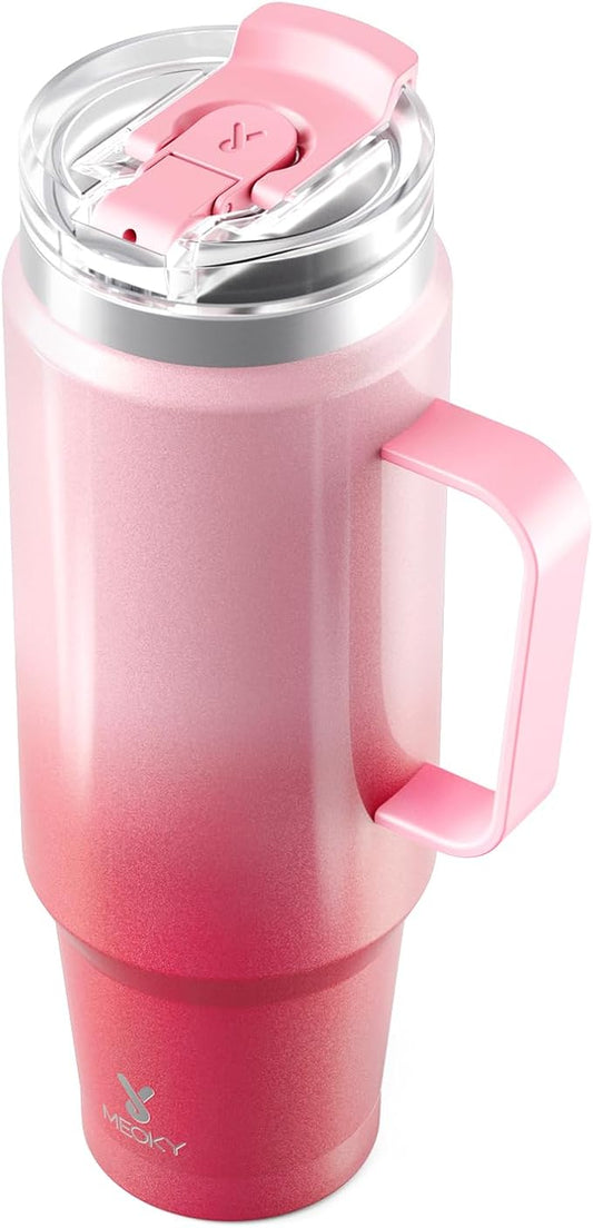 Meoky 40oz Tumbler with Handle, Stainless Steel Travel Mug with 2-in-1 Straw and Sip Lid, Vacuum Insulated Coffee Mug, 100% Leak Proof, Keeps Cold for 34 Hours or Hot for 10 Hours (Flamingo)