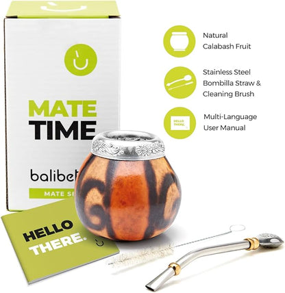 BALIBETOV Yerba Mate Gourd Set (Original Natural Handmade Yerba Mate Cup Argentina) - Includes Mate Tea Cup, Bombilla (Mate Straw) and Clean Brush - Classic Mate Cup and Bombilla Set (NATURAL 02)