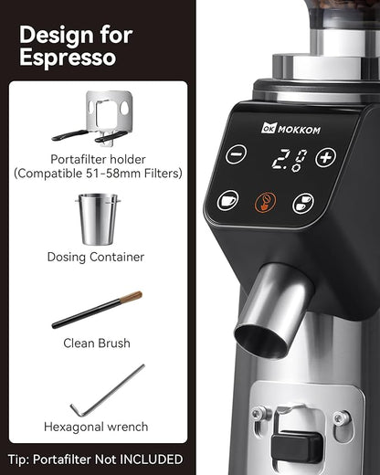 MOKKOM Professional 64mm Flat Burr Coffee Grinder with 100 Grind Settings, All-Metal Stainless Steel Body, Coffee Bean Grinder with Adjustable Electronic Timer, Anti-Static, LED Display