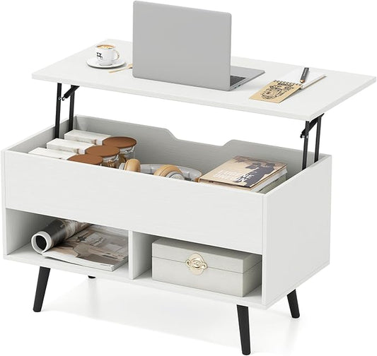 Tangkula Lift Top Coffee Table, Modern Cocktail Table with Hidden Compartment & 2 Open Shelves, Flip Top Center Table, Wooden Pull up Coffee Table for Living Room, Reception Room, Office (White)