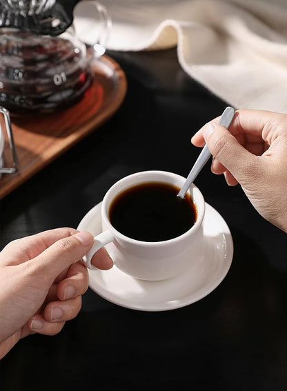 Sweese 4 Ounce Porcelain Stackable Espresso Cups with Saucers and Metal Stand Set of 4, White