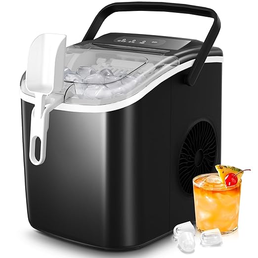 Crzoe Countertop Ice Maker Machine with Handle,26Lbs/24H,9 Cubes Ready in 6 Mins,Self-Cleaning Function with Ice Scoop and Basket for Home/Office(Deeply Black)