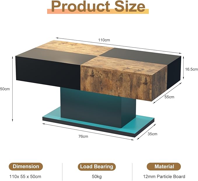 Led Coffee Table for Living Room, Living Room Table Rectangular Center Table, Modern Wooden Coffee Tables with 16 Colors LED Lights for Dining Reception Room