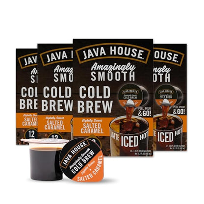 JAVA HOUSE Salted Caramel Lightly Sweet Cold Brew Coffee Pods, (48 Count) Peel and Pour Pods Hot or Iced