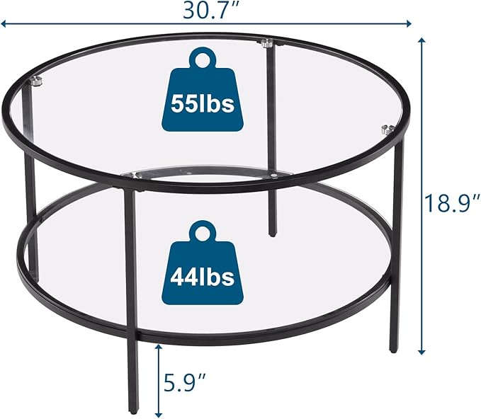 VINGLI Glass Coffee Table,30" Round Coffee Table Black Coffee Tables for Living Room, 2-Tier Clear Glass Top Side Table with Storage. Simple & Modern Center Table Mesa de Centro para Sala