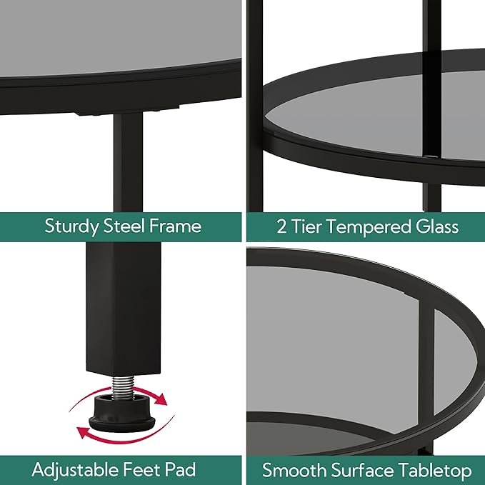 Yusong Round Glass Coffee Tables for Living Room, 2-Tier Circle Coffee Table with Storage, 26" Modern Center Accent Table with Light Black Glass, Small End Table for Small Space, Bedroom