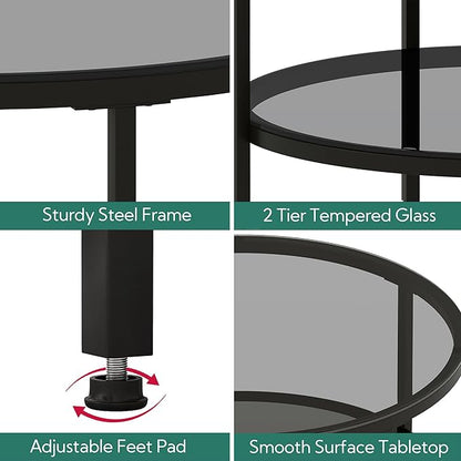 Yusong Round Glass Coffee Tables for Living Room, 2-Tier Circle Coffee Table with Storage, 26" Modern Center Accent Table with Light Black Glass, Small End Table for Small Space, Bedroom