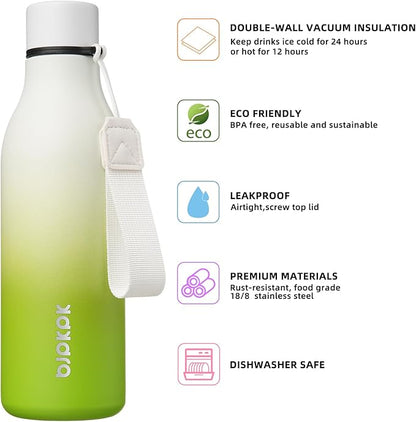 BJPKPK Insulated Water Bottles, 18 oz Stainless Steel Metal Water Bottle with Strap, BPA Free Leak Proof Jugs, Mugs, Flasks, Reusable Thermal Flasks for Sports & Travel, Elegant Green