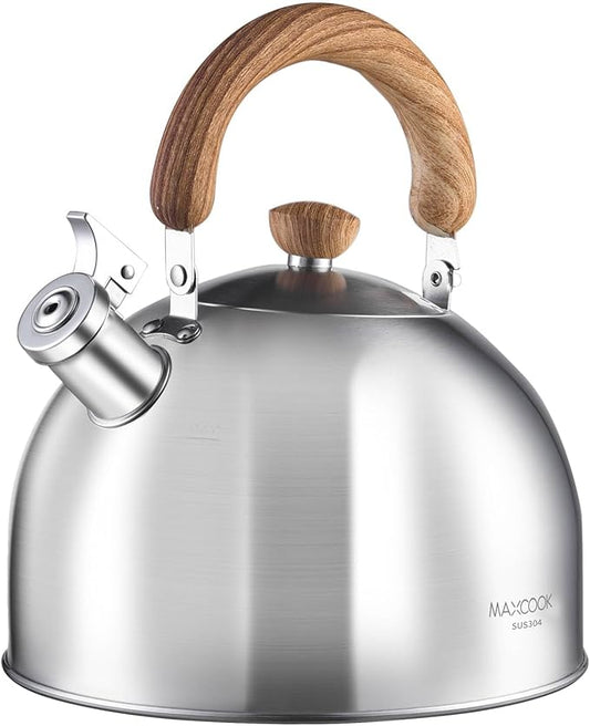 Tea Kettle, 18/8 Stainless Steel Whistling Teapot, 4.23 Quart Camping Tea Kettle for Stovetop, Water Coffee Pot with Anti-Hot Wood Handle (4L,Silver)