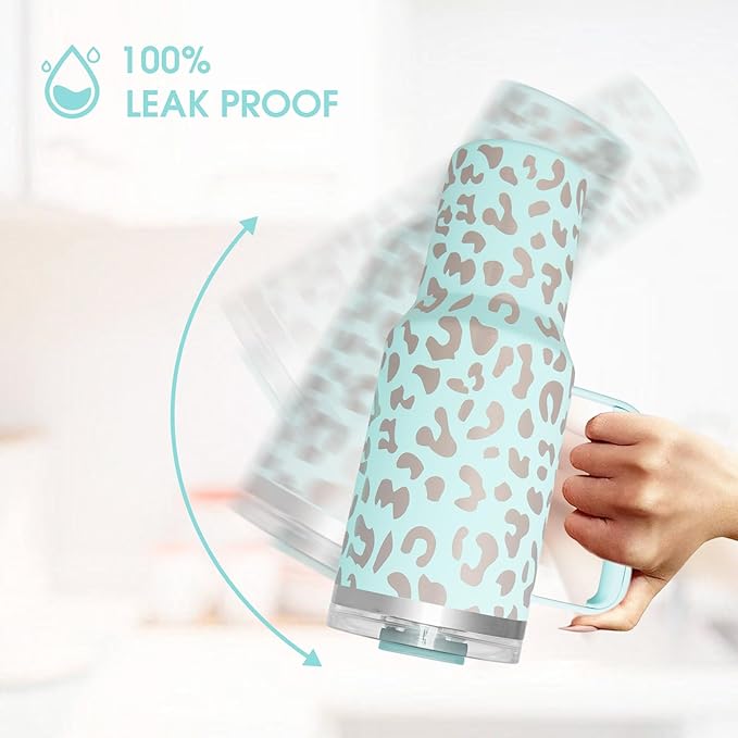 COKTIK 40 oz Tumbler With Handle and Straw Lid, Vacuum Insulated Travel Coffee Mug Stainless Steel Insulated Cup for Beverages, Leak-proof, Cupholder Friendly (Seafoam Leopard)