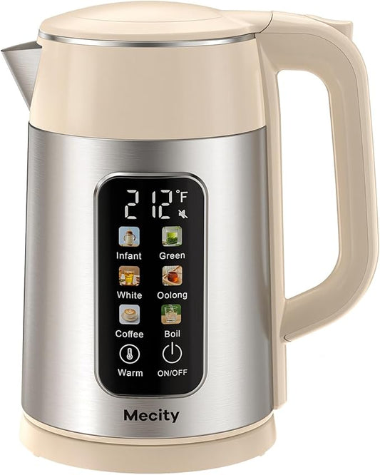 Mecity Electric Kettle 1.7L Touch Screen Temperature Control Water Boiler, No Plastic Contact with Water. 6 Presets For Tea and Coffee, 2 Hours Keep Warm, Cream & Stainless Steel Color