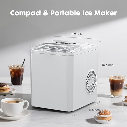 Sweetcrispy Countertop Ice Maker - 9 Cubes in 6 Mins, 26lbs/24Hrs, 2-Size Bullet Ice, Self-Cleaning Portable Ice Machine with Quiet Operation for Home Office Camping, White