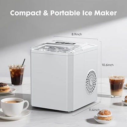 Sweetcrispy Countertop Ice Maker - 9 Cubes in 6 Mins, 26lbs/24Hrs, 2-Size Bullet Ice, Self-Cleaning Portable Ice Machine with Quiet Operation for Home Office Camping, White