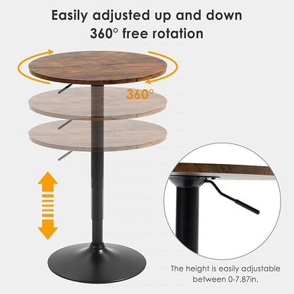 23.6" Round Bar Table, Adjustable Height Modern Cocktail Table with MDF Top and Metal Base, Bistro Pub Table Suitable for Cafe, Kitchen Island, Bar Counter, Brown