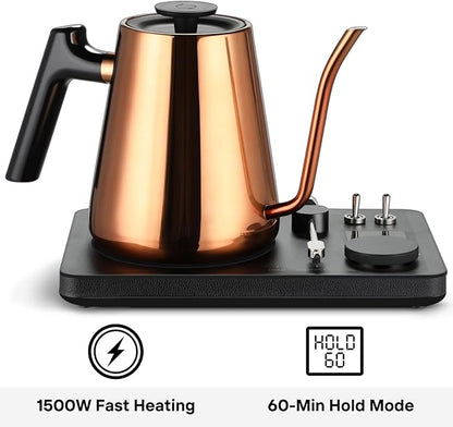 DJ Electric Gooseneck Kettle for Pour Over Coffee & Tea - Water Boiler - Turntable Design - Quick Heating & Temperature Control - Copper