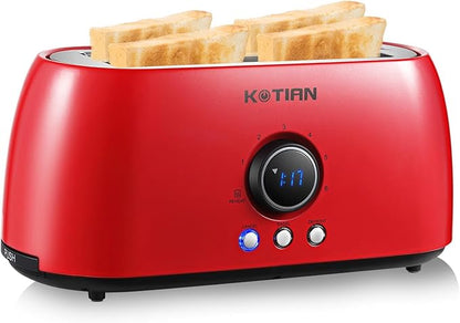 Toaster 4 Slice,KOTIAN Retro Long Slot Toasters with Countdown Timer,Stainless Steel Toaster,Bagel,Defrost,Reheat,Cancel Functions,Extra Wide Slots,6 Toast Settings,Removable Crumbs Tray,Red