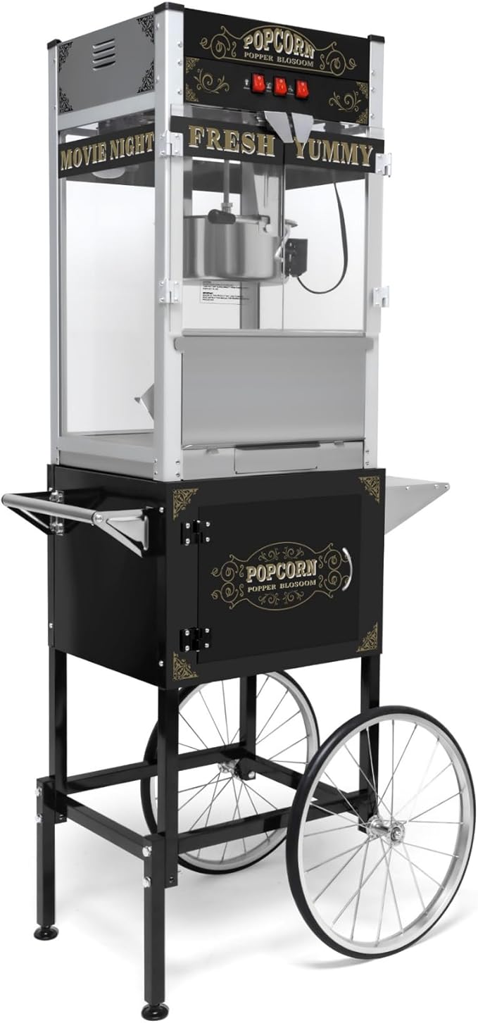 20oz Popcorn Machine with Cart, Wheels & Stainless Steel Kettle, Vintage Movie Theater Style, Popcorn Maker Machine for Parties, Events, Home & Commercial Use, Black