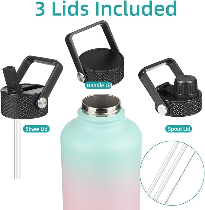 Insulated Water Bottle with Straw,50 oz 3 Lids Water Jug with Carrying Bag,Paracord Handle,Double Wall Vacuum Stainless Steel Metal Flask,Gum