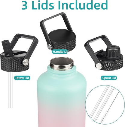 Insulated Water Bottle with Straw,50 oz 3 Lids Water Jug with Carrying Bag,Paracord Handle,Double Wall Vacuum Stainless Steel Metal Flask,Gum