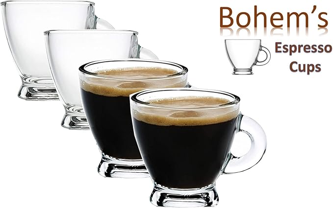 BOHEM'S Espresso Cups, 3.2 oz Small Demitasse Clear Glass Espresso Drinkware, Set of 4, Espresso Shot Glasses, Clear Expresso Coffee Cups, Tazas de Cafe Expreso