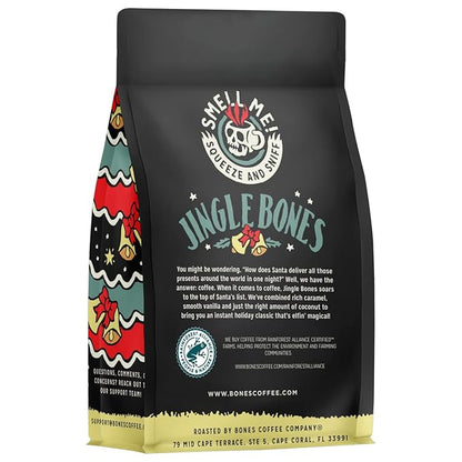 Bones Coffee Company Jingle Bones, Caramel Vanilla Coconut Flavored Coffee, Medium Roast Low Acid Arabica Beans Compatible with Auto drip and French Press Coffee Maker, 12 Oz Whole Bean