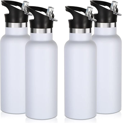 Volhoply 17oz Insulated Water Bottles Bulk 4 Pack,Stainless Steel Kids Water Bottle with Straw Lid,Double Wall Vacuum Sports School Flask Keep Cold (White,4 Set)