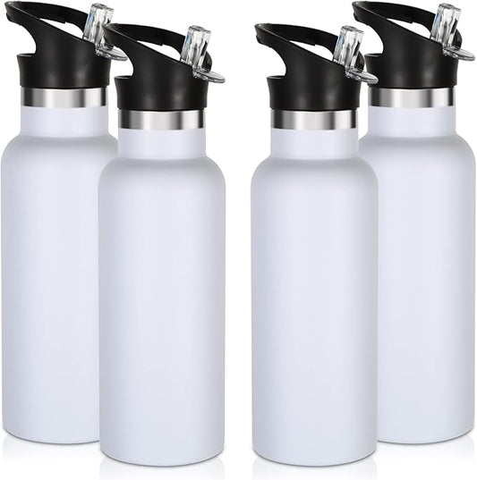 Volhoply 17oz Insulated Water Bottles Bulk 4 Pack,Stainless Steel Kids Water Bottle with Straw Lid,Double Wall Vacuum Sports School Flask Keep Cold (White,4 Set)