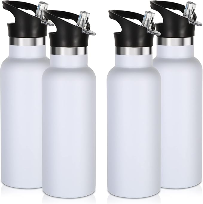Volhoply 17oz Insulated Water Bottles Bulk 4 Pack,Stainless Steel Kids Water Bottle with Straw Lid,Double Wall Vacuum Sports School Flask Keep Cold (White,4 Set)