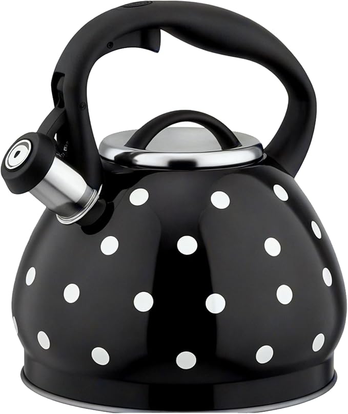 Tea Kettle Stovetop, Whistling Teapot 304 Stainless Steel 3.2 Quart Teakettle, Polka Dot Teapots for Stove Top, Whistle Tea Pot with Cool Touch Ergonomic Handle (Black/White, 3.2 Quarts)