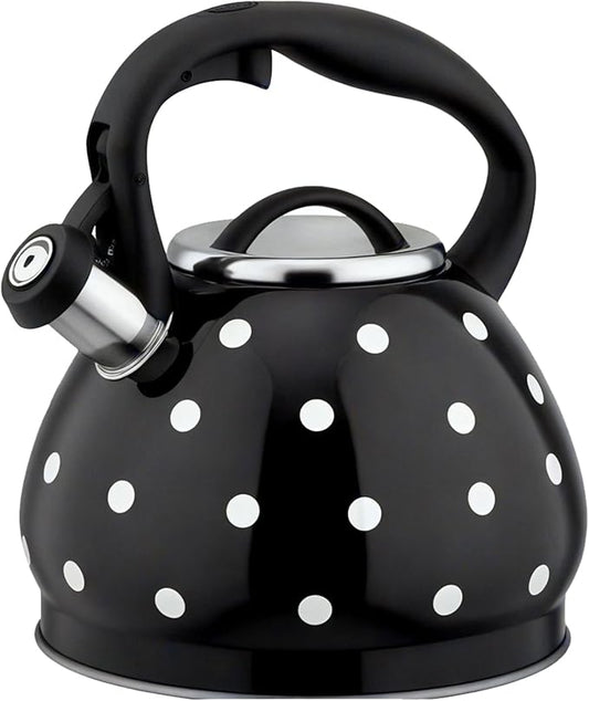 Tea Kettle Stovetop, Whistling Teapot 304 Stainless Steel 3.2 Quart Teakettle, Polka Dot Teapots for Stove Top, Whistle Tea Pot with Cool Touch Ergonomic Handle (Black/White, 3.2 Quarts)