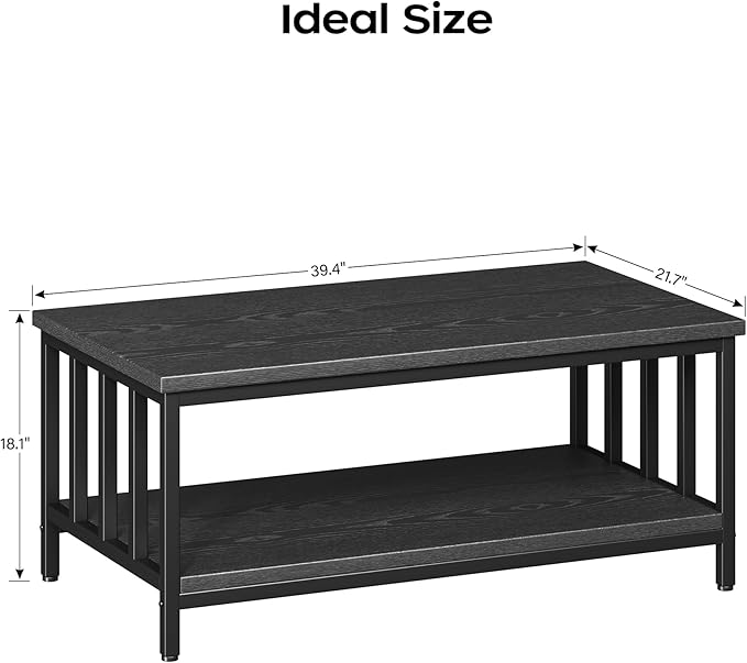 Coffee Table for Living Room with Slatted Sides Frame, Modern Farmhouse Living Room Table with 2-Tier Storage Shelf for Home Office, Apartment, 39 inch, Black