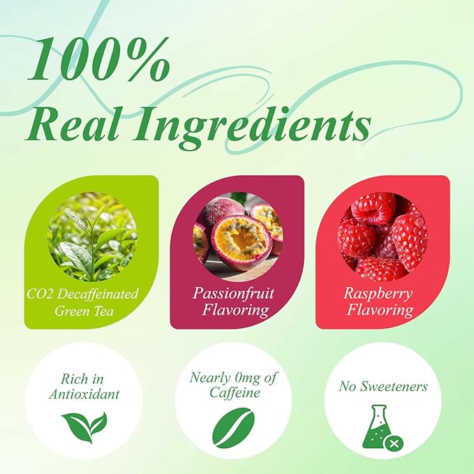 WT WEETEE Decaf Passionfruit Raspberry Green Tea, 100 Count Passion Fruit Raspberry Flavored Decaffeinated Green Tea Bags, CO2 Decaffeination