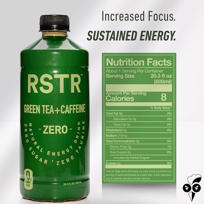 RSTR Green Tea 12 Pack – High Caffeine Iced Tea with 210mg Natural Caffeine – Unsweetened, Zero Added Sugar & Ultra Low Calories – Bottled Green Tea for Immediate Energy Boost
