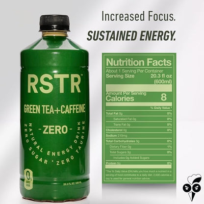 RSTR Green Tea 12 Pack – High Caffeine Iced Tea with 210mg Natural Caffeine – Unsweetened, Zero Added Sugar & Ultra Low Calories – Bottled Green Tea for Immediate Energy Boost