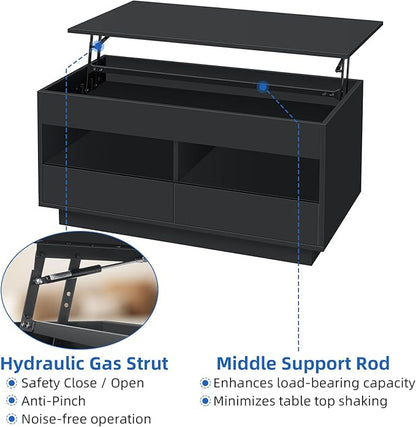 LED Coffee Table with Lift Top Morden Coffee Table with Storage High Gloss Black Sofa Table for Living Room Center Tables Hidden Compartment & 2 Drawers & 2 Open Shelve