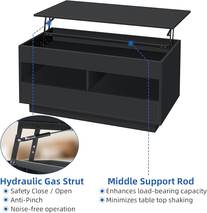 LED Coffee Table with Lift Top Morden Coffee Table with Storage High Gloss Black Sofa Table for Living Room Center Tables Hidden Compartment & 2 Drawers & 2 Open Shelve