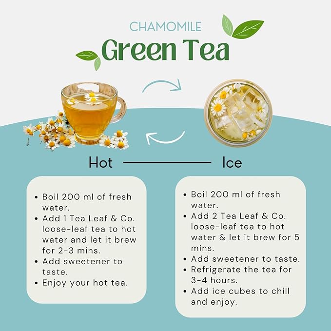 Tealeaf & Co. Chamomile Green Tea Loose Leaf with Lemon Extract and Lemongrass - Chamomile Tea - Contains Low Caffeine - Upto 50 Servings - Gluten Free (3.52oz/100gm)