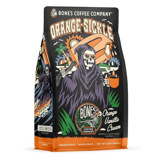 Bones Coffee Company Orange Sickle, Orange Vanilla Cream Flavored Coffee, Medium Roast Low Acid Arabica Beans Compatible with Auto drip and French Press Coffee Maker, 12 Oz Whole Bean