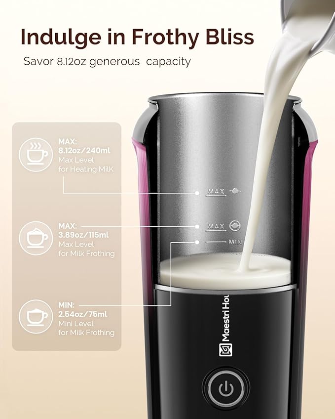 Maestri House Milk Frother, 3-in-1 Hot & Cold Mik Frothing Steamer, 8.12OZ/240ML Touch Control Foam Maker, Compact Space-saving Design for Latte, Cappuccino and Warm Milk
